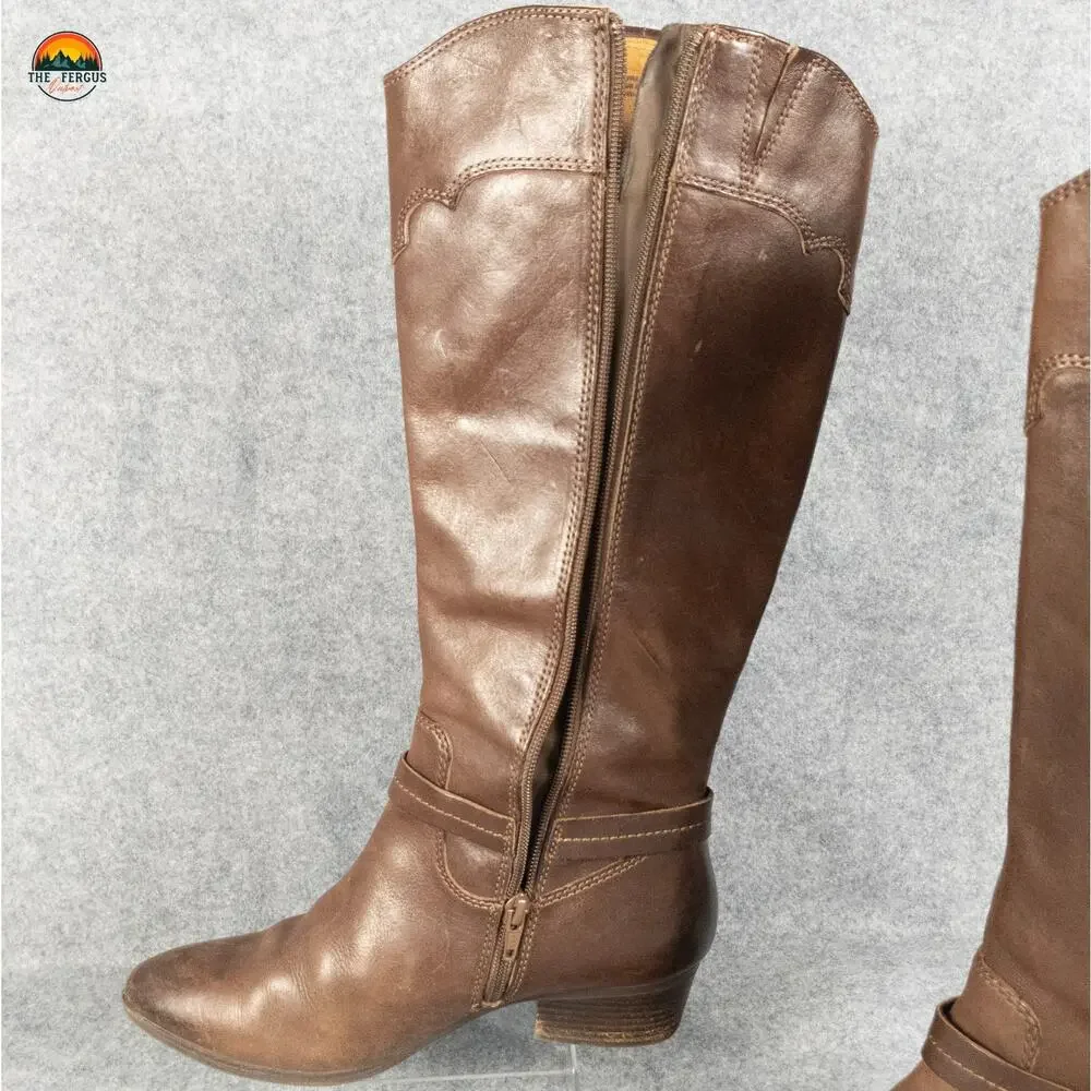 Sofft Riding Boots Brown Leather Knee High Harness Strap Block Heels Women's 8M